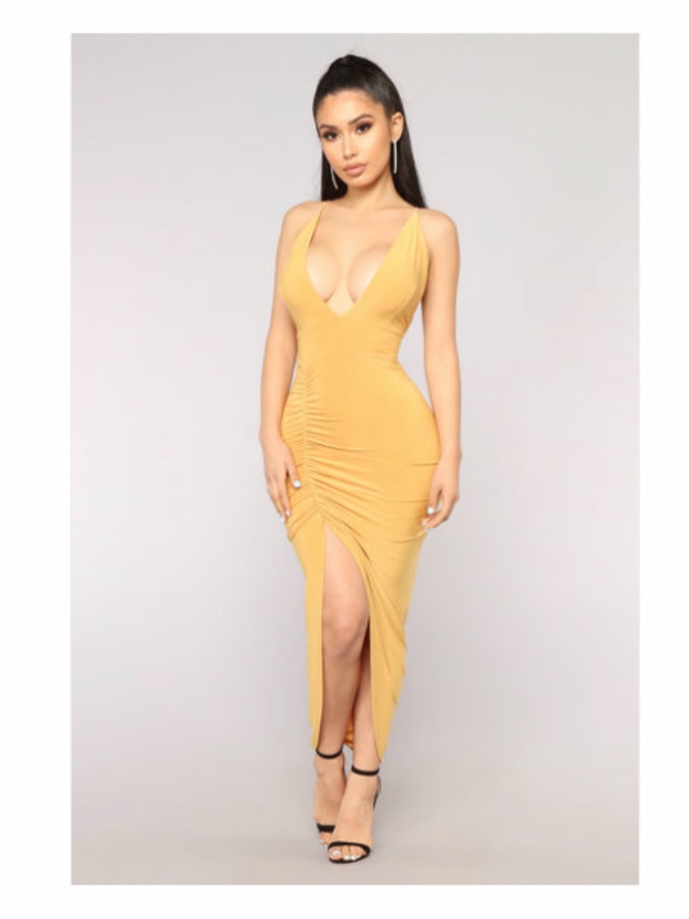 Fashion Nova Plunge V-Neck Ruched Slit Maxi Dress in Mustard SMALL